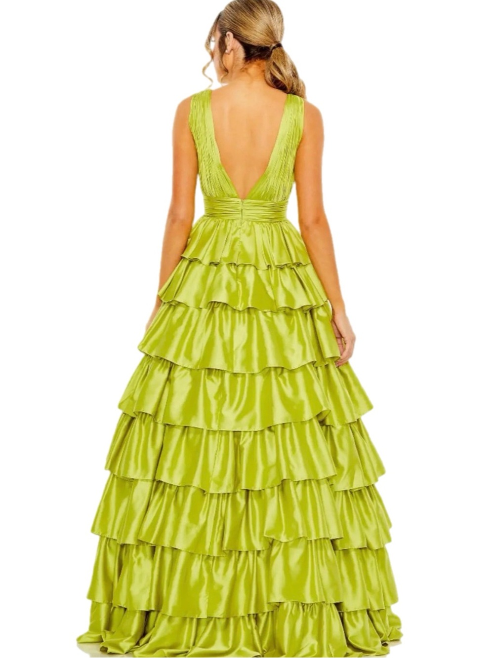 NWT Mac Duggal $498 MSRP Green Satin Tiered Ruffle Plunging Neck A-Line Gown - Picture 2 of 8